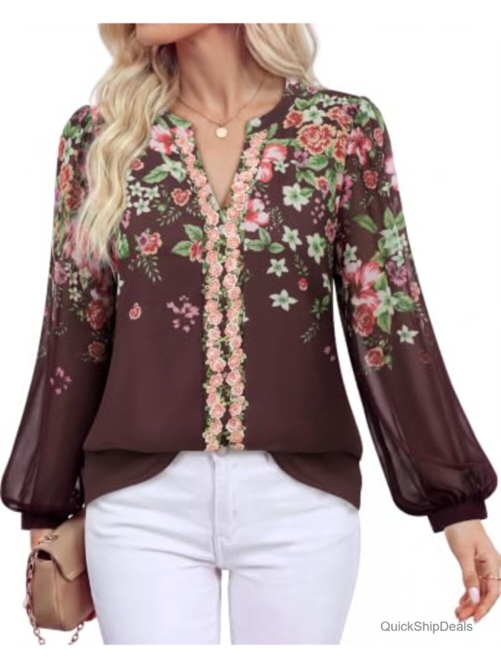 Womens Embroidered V Neck Puff Sleeve Dressy Blouse Floral Double Layer Top